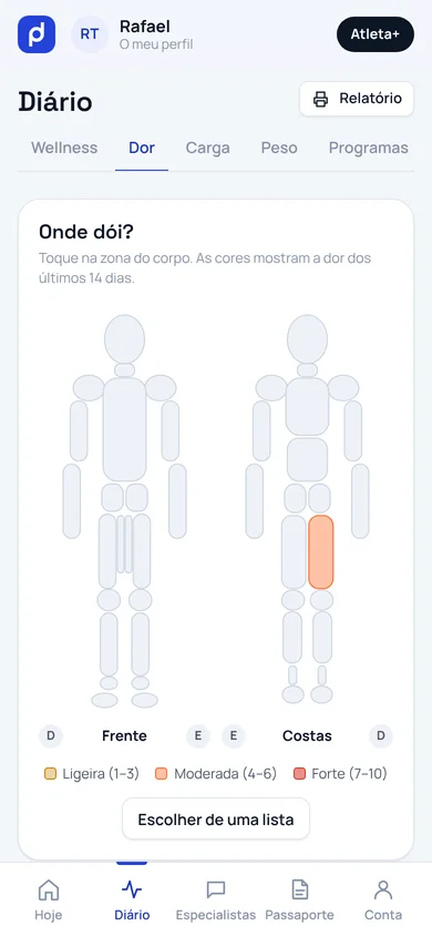 Diário da dor com o mapa do corpo, na app do atleta