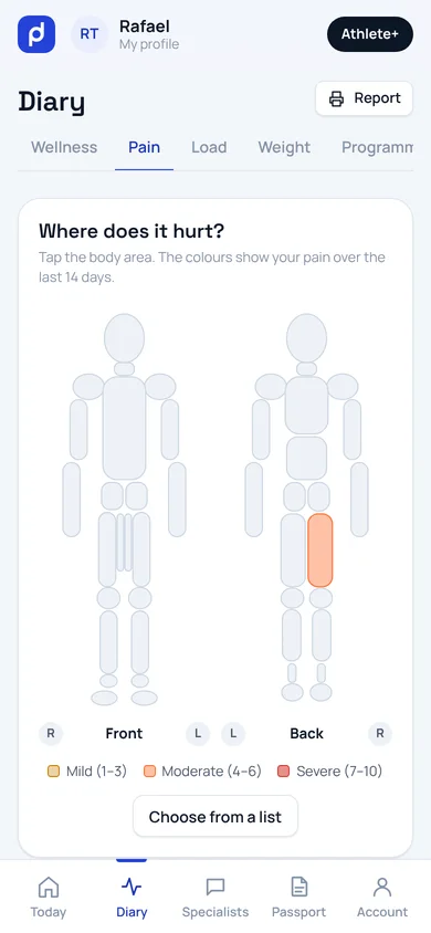 Pain diary with the body map, in the athlete app