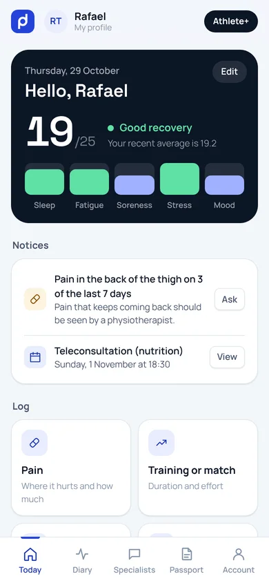 Today screen in the athlete app, with the day’s wellness and notices